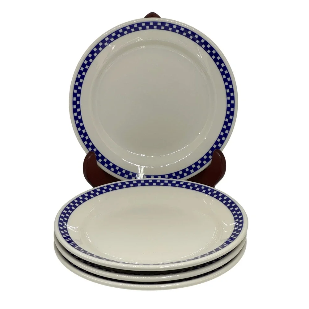 Homer Laughlin Plates White Blue Checkered Border Bistro Diner Restaurant Set 4
